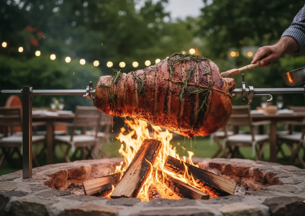 jambon &agrave; la broche feu de bois gros plan