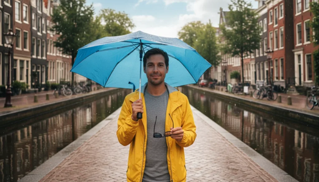 Personne avec parapluie et lunettes de soleil dans une rue d'Amsterdam avec canal