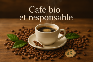 Café bio et responsable avec tasse fumante grains et label bio
