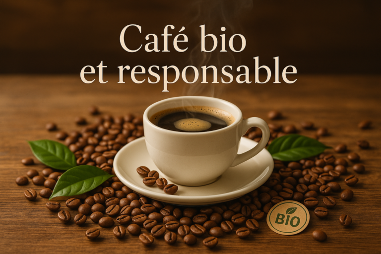 Café bio et responsable avec tasse fumante grains et label bio