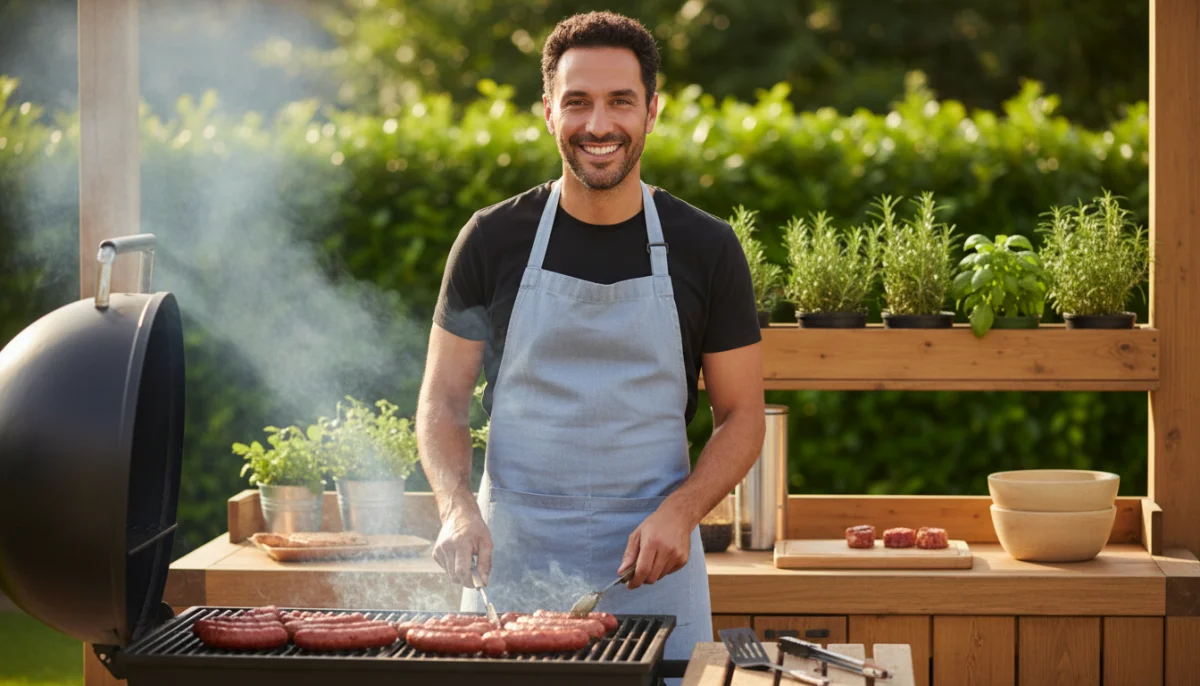 Personne souriante cuisinant des merguez sur un barbecue en ext&eacute;rieur, id&eacute;e recette saucisse par personne