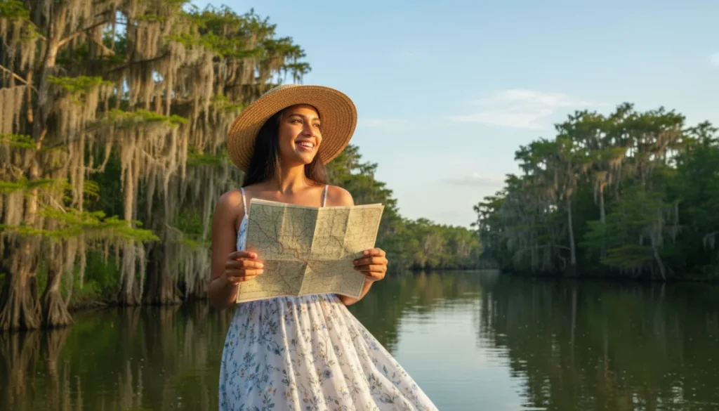 Femme souriante avec chapeau de paille consultant une carte en Louisiane, paysage de cyprès et rivière.
