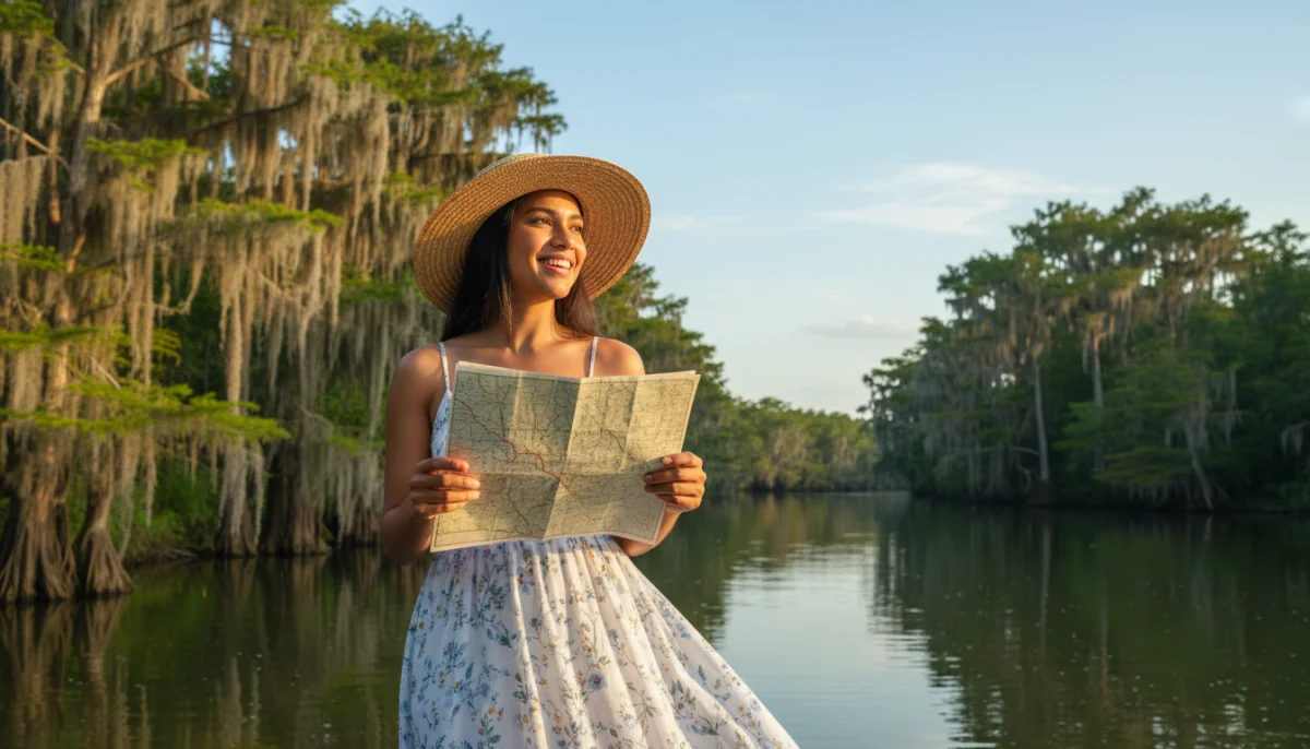 Femme souriante avec chapeau de paille consultant une carte en Louisiane, paysage de cypr&egrave;s et rivi&egrave;re.