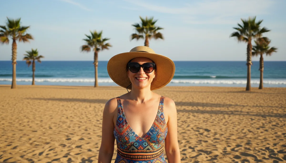 Femme souriante profitant du soleil sur la plage d'Agadir, oc&eacute;an Atlantique et palmiers en arri&egrave;re-plan.