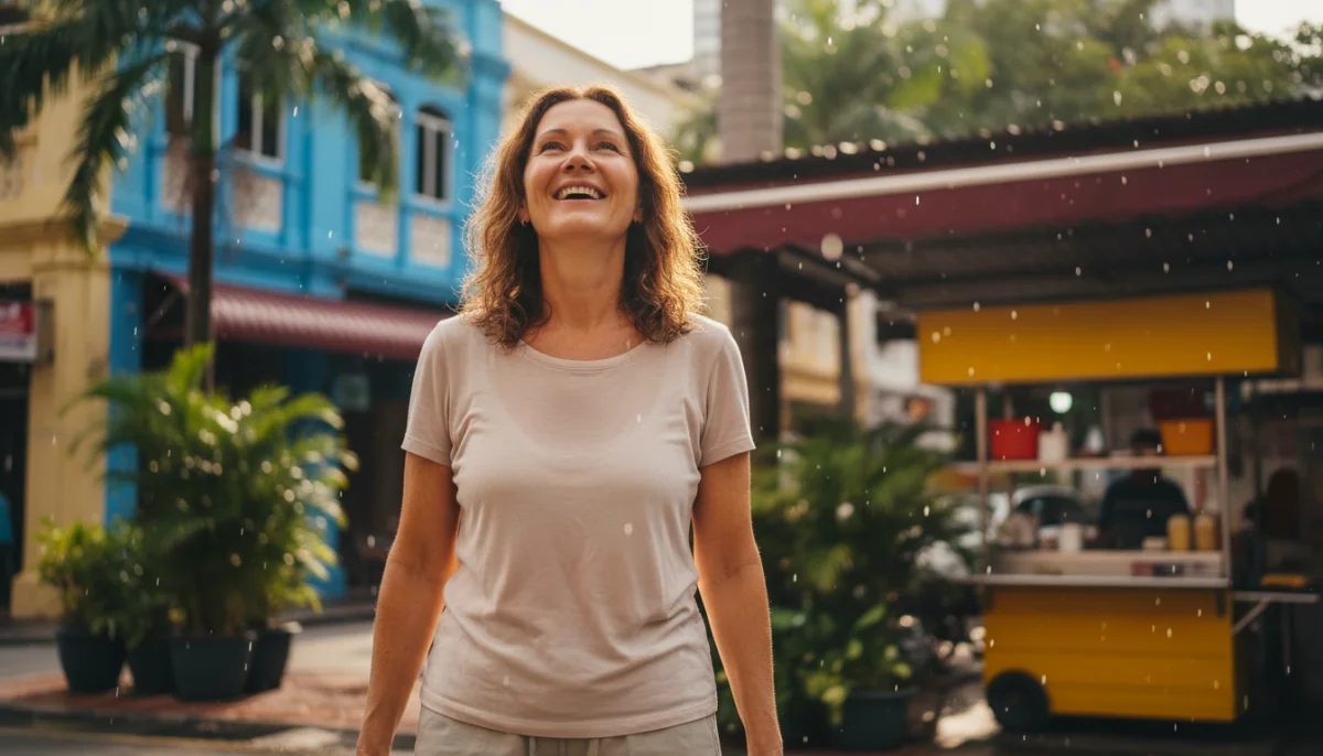 Femme surprise par la pluie tropicale &agrave; Kuala Lumpur, temps id&eacute;al pour visiter.