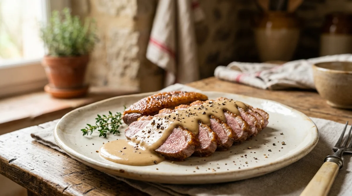 Magret de canard tranch&eacute; napp&eacute; de sauce au foie gras, cuisine rustique.