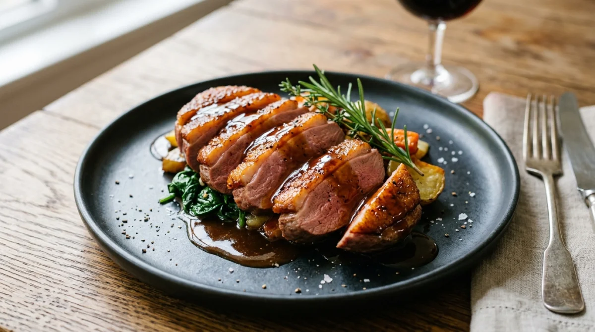Magret de canard po&ecirc;l&eacute; tranch&eacute;, napp&eacute; de sauce miel balsamique sur assiette sombre.
