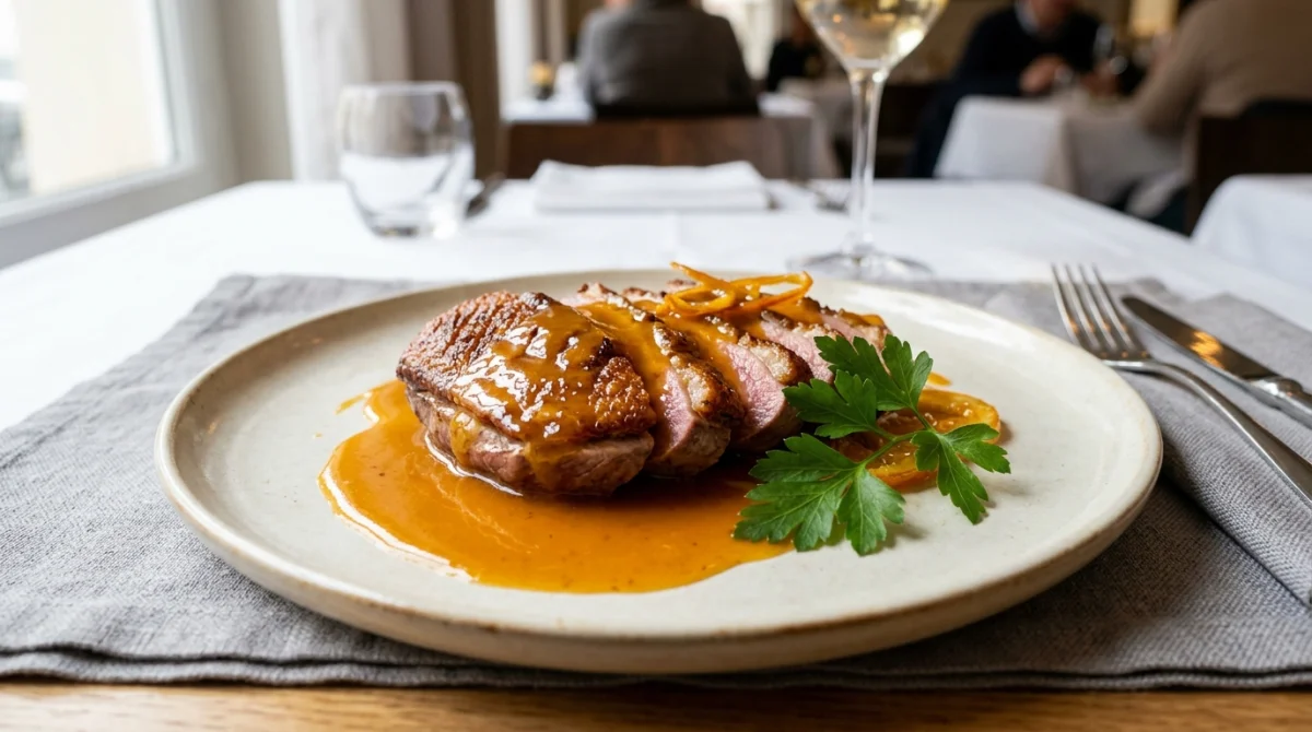Magret de canard po&ecirc;l&eacute; &agrave; la sauce &agrave; l'orange, plat gourmand et &eacute;l&eacute;gant