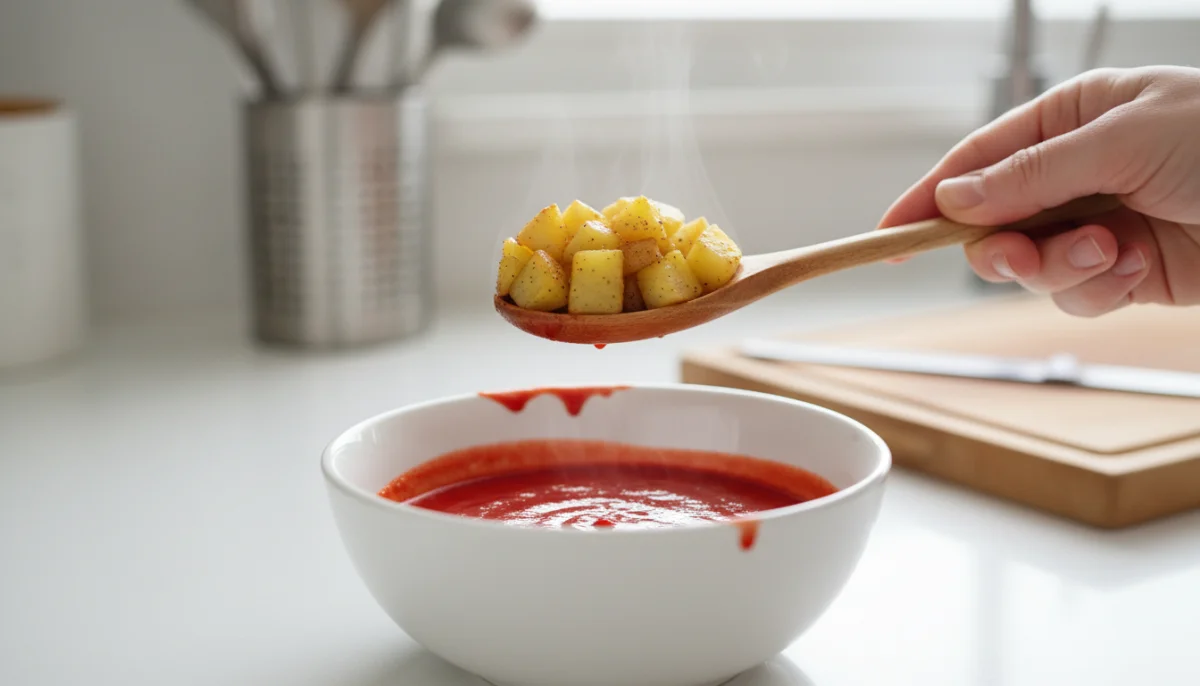 Main ajoutant des pommes de terre &agrave; une sauce rouge piment&eacute;e pour l'adoucir.