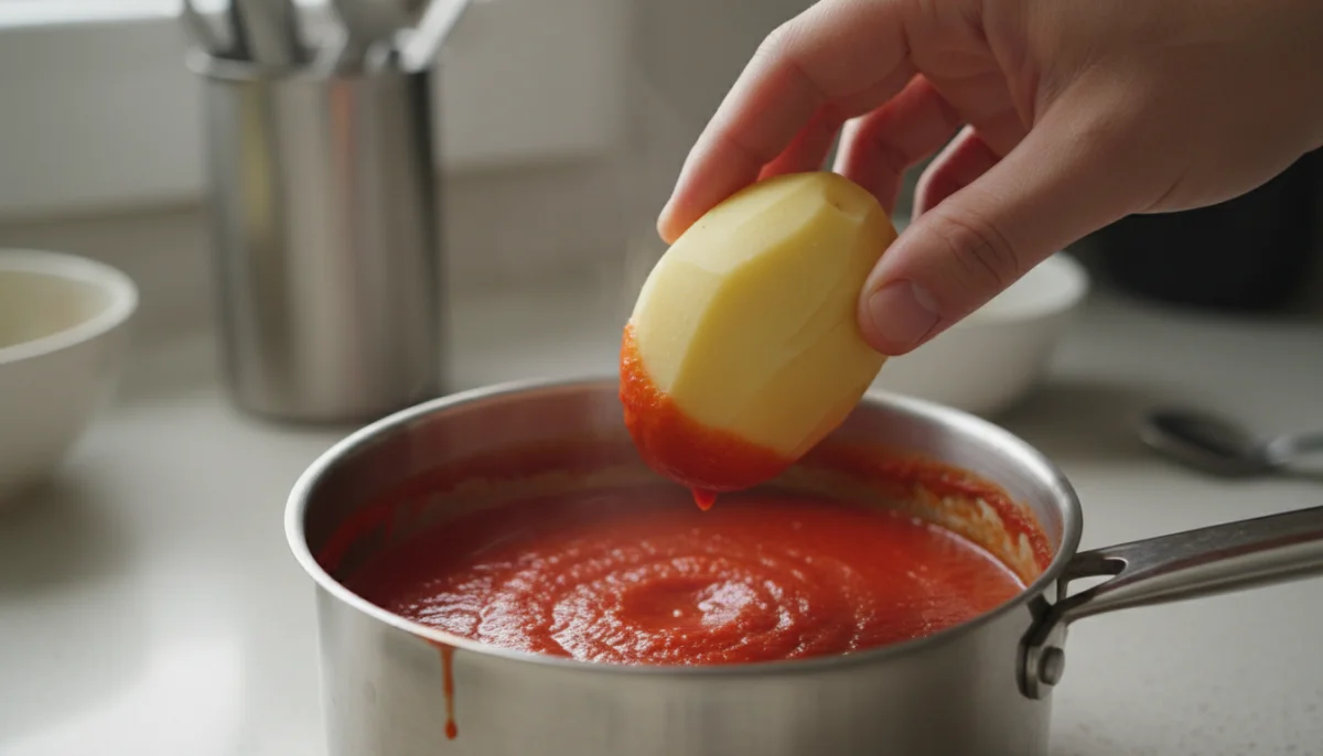 Main ajoutant une pomme de terre dans une sauce tomate trop piment&eacute;e pour l'adoucir.