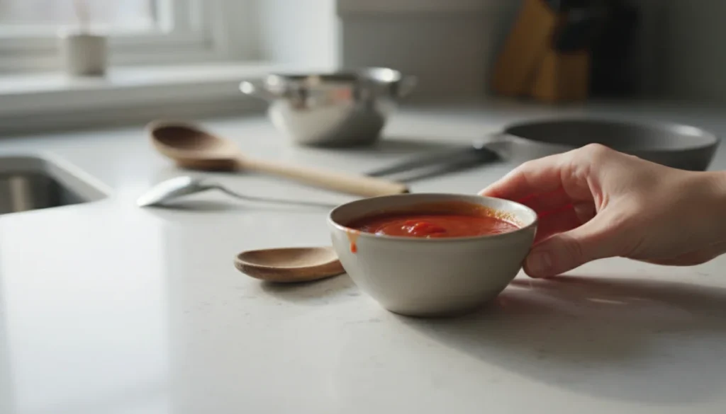 Main tenant un bol de sauce tomate, solution pour adoucir une sauce trop pimentée