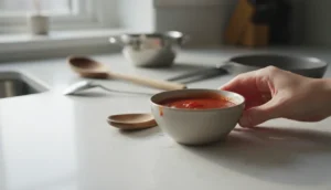 Main tenant un bol de sauce tomate, solution pour adoucir une sauce trop pimentée