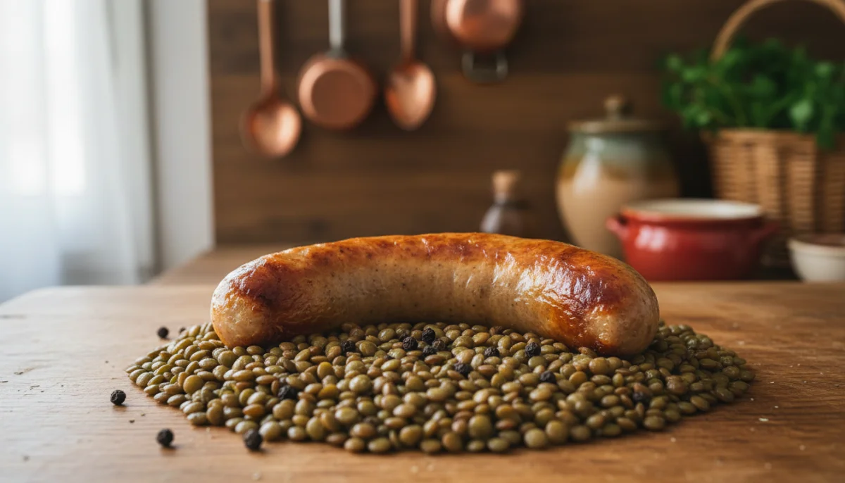 Saucisse de Toulouse dor&eacute;e sur lit de lentilles vertes, plat savoureux et r&eacute;confortant.