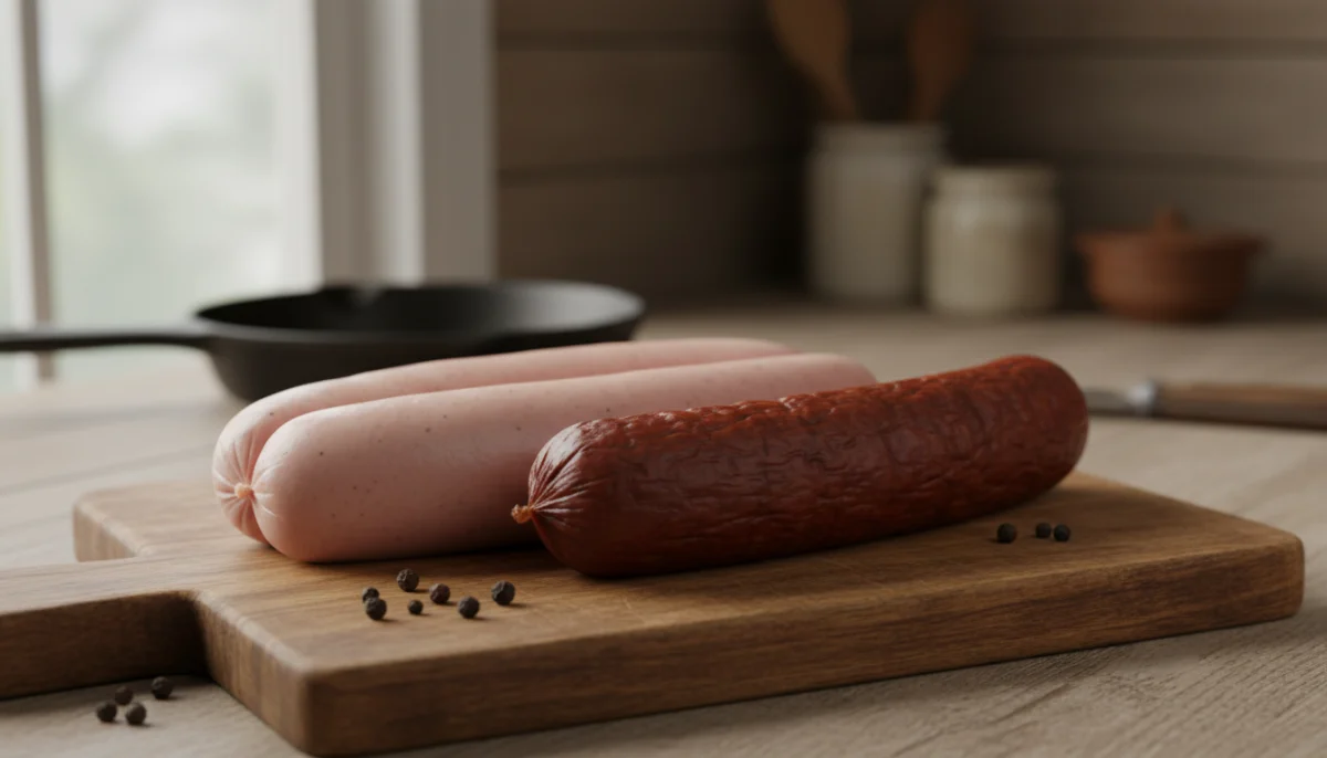 Saucisses fra&icirc;ches et fum&eacute;es, id&eacute;ales pour accompagner des lentilles, sur planche en bois.