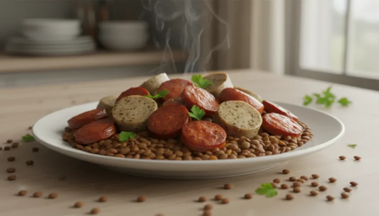 Assiette de lentilles garnie de diverses saucisses coupées, plat réconfortant idéal