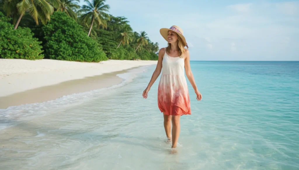 Femme souriante pieds dans l'eau turquoise plage Yucatan, vacances soleil.
