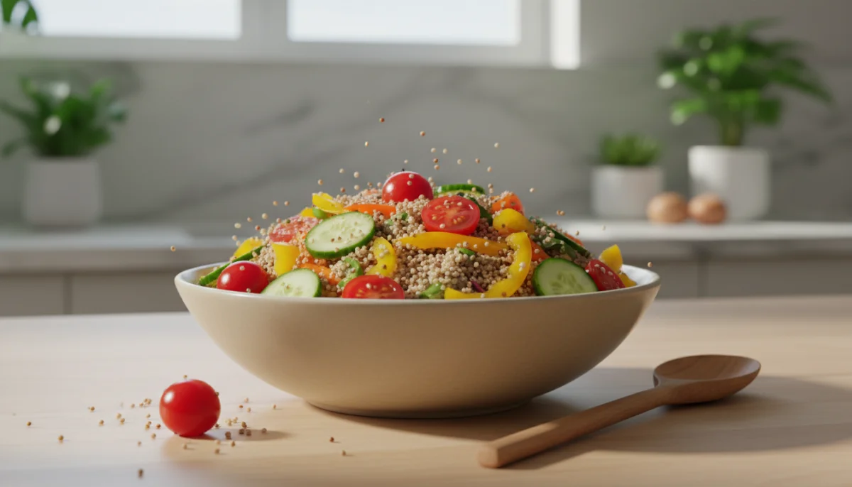 Bol de quinoa sans gluten color&eacute; avec l&eacute;gumes frais, cuisine moderne et lumineuse.