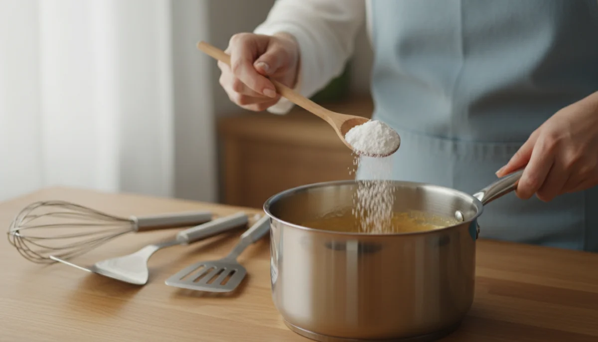 Main ajoutant de la f&eacute;cule de ma&iuml;s &agrave; une sauce dans une casserole pour l'&eacute;paissir.