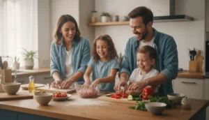 Famille souriante préparant des recettes avec de la chair à saucisse dans une cuisine moderne.