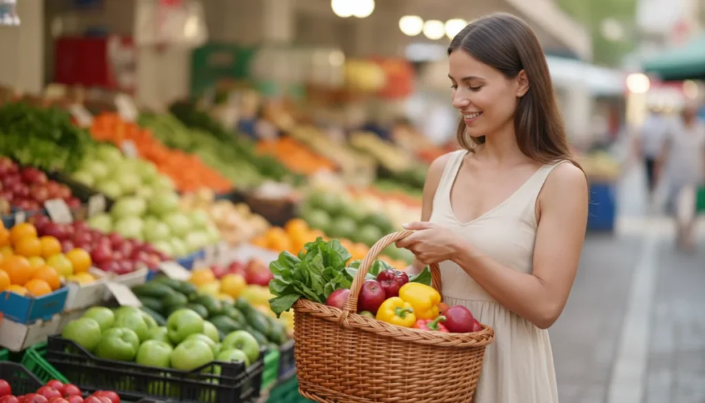 Femme souriante choisissant des fruits et légumes frais au marché, alimentation saine sans gluten et sans lactose.