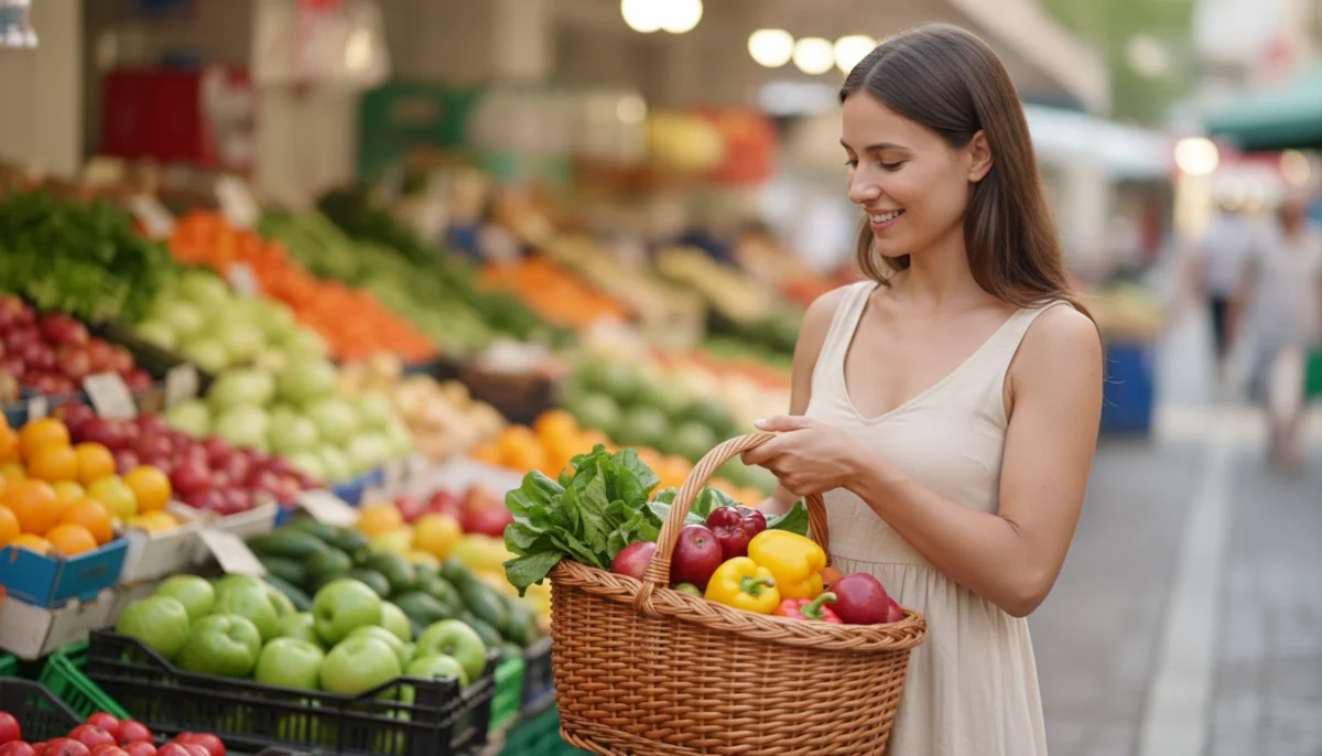 Femme souriante choisissant des fruits et l&eacute;gumes frais au march&eacute;, alimentation saine sans gluten et sans lactose.