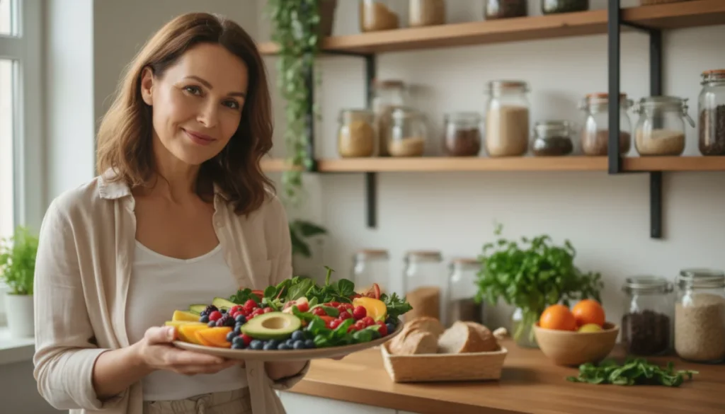 Femme souriante avec assiette de fruits et légumes frais, cuisine saine sans gluten