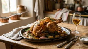 Pintade entière rôtie et dorée, plat de cuisine rustique, herbes aromatiques.