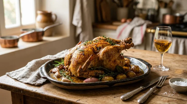 Pintade entière rôtie et dorée, plat de cuisine rustique, herbes aromatiques.