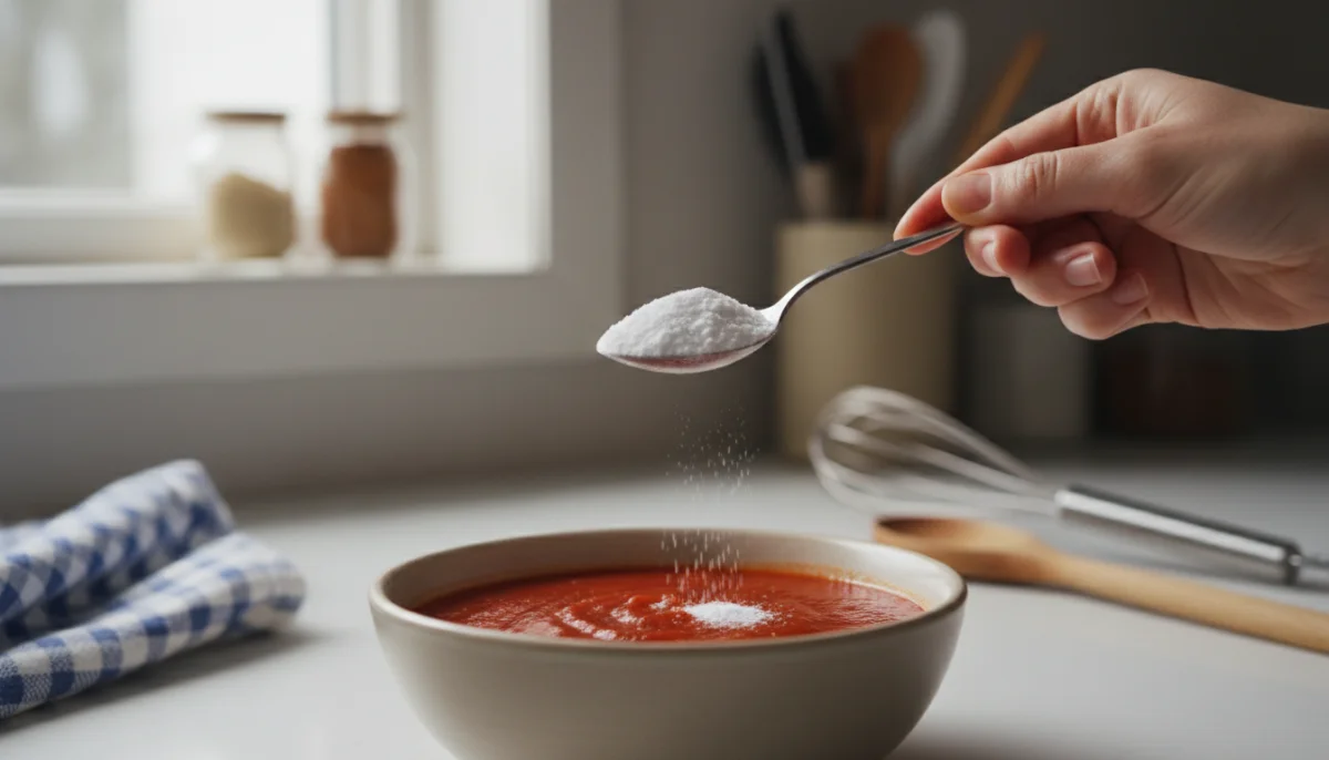 Main ajoutant du bicarbonate de soude à une sauce tomate trop acide dans une cuisine.