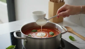 Main ajoutant de la crème à une sauce tomate trop acide dans une casserole de cuisine