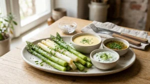 Asperges vertes et blanches avec diverses sauces : hollandaise, vinaigrette, yaourt, sur table de cuisine.