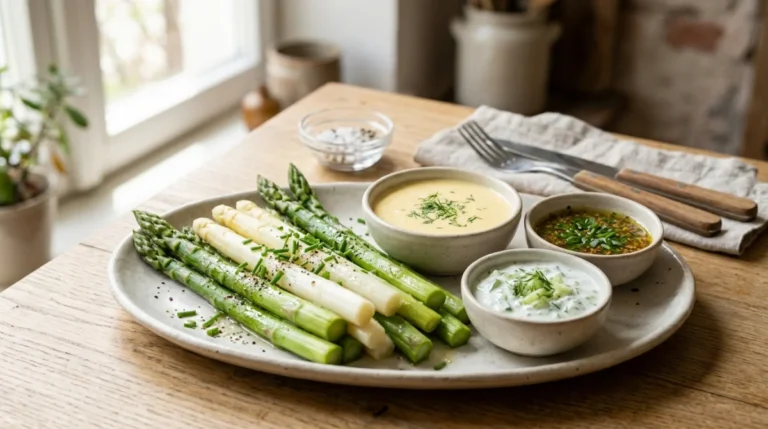 Asperges vertes et blanches avec diverses sauces : hollandaise, vinaigrette, yaourt, sur table de cuisine.