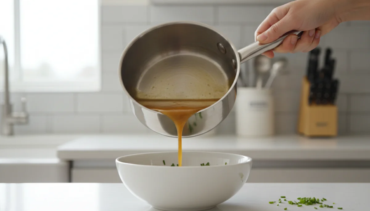 Sauce dor&eacute;e et &eacute;paisse vers&eacute;e d'une casserole dans un bol, cuisine moderne