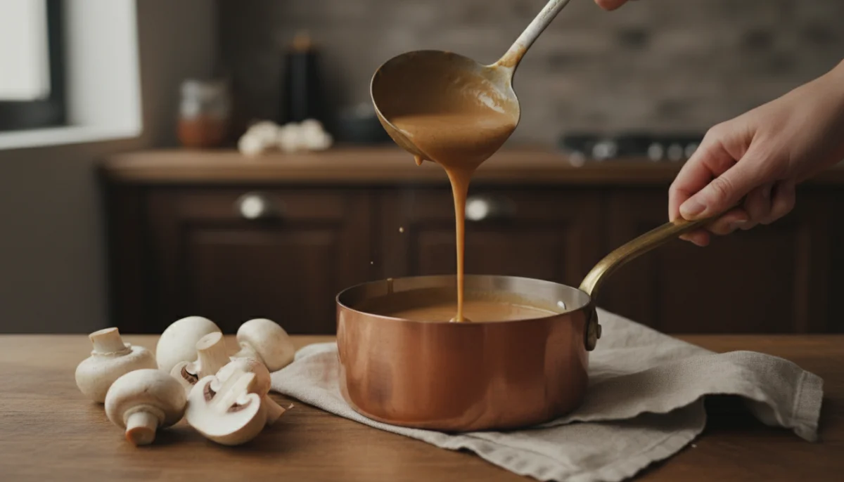 Main versant sauce mad&egrave;re onctueuse dans casserole en cuivre pr&egrave;s de champignons frais