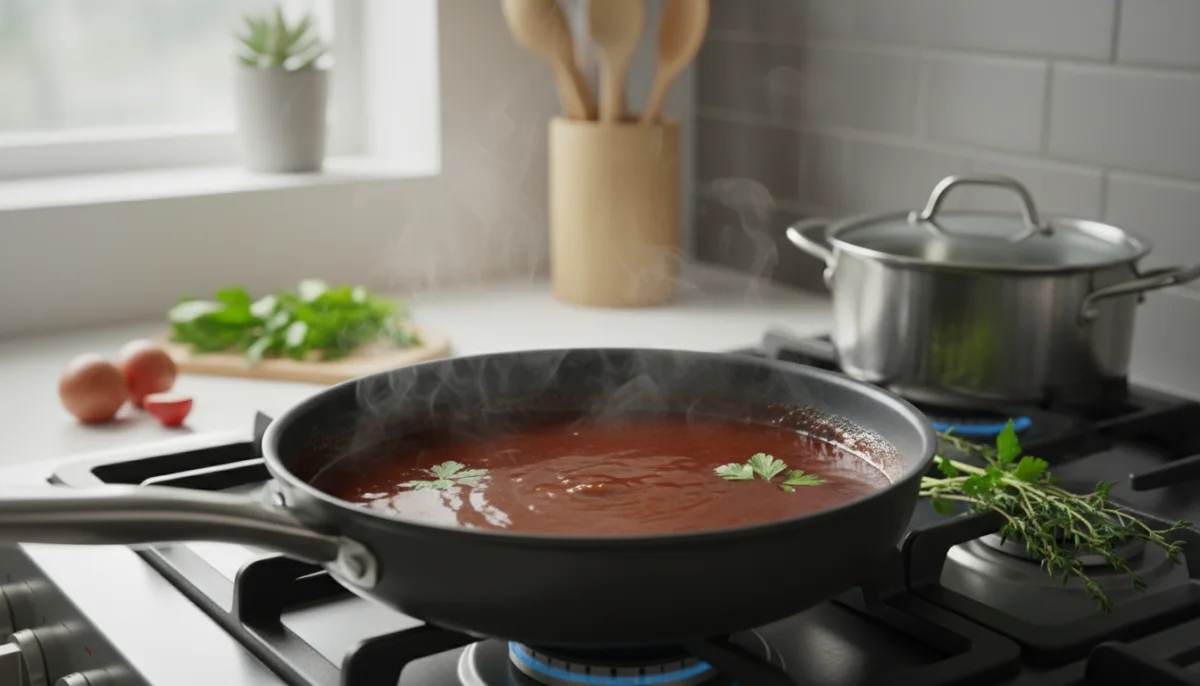 Casserole de sauce mad&egrave;re fumante sur une cuisini&egrave;re, texture riche et brillante.