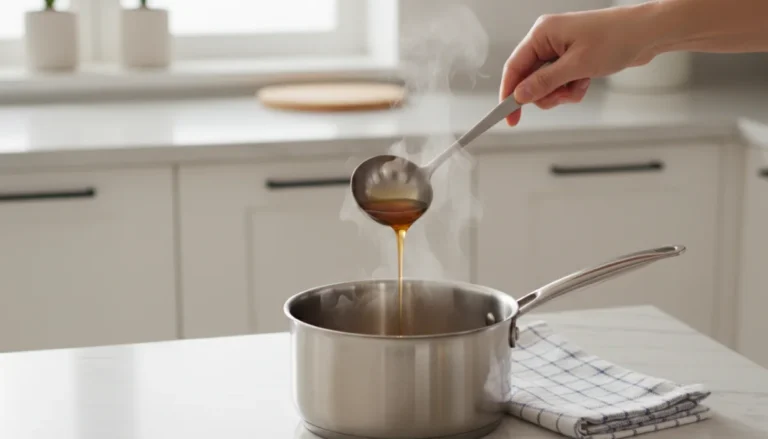 Préparation de sauce madère : ajout du liquide ambré dans la casserole.