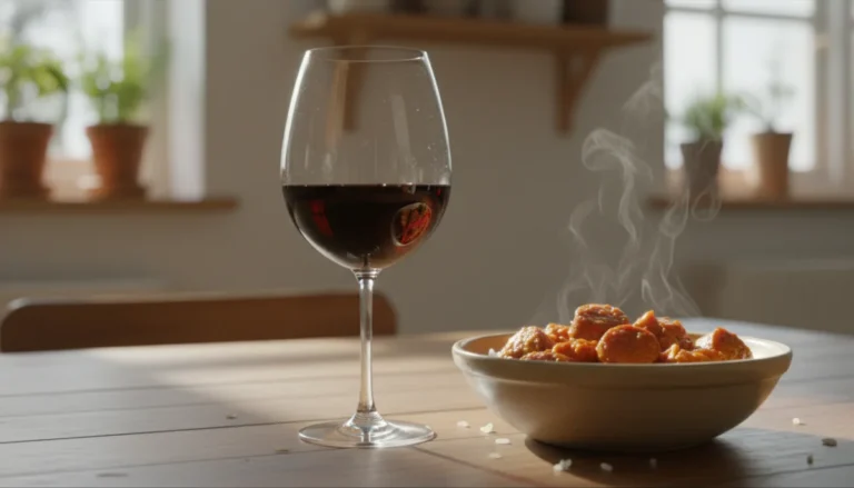Verre de vin rouge souple et plat de rougail saucisse fumant sur table en bois.