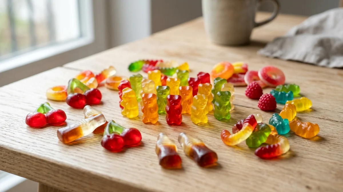 Assortiment coloré de bonbons gélifiés Haribo, dont les célèbres oursons dorés, disposés sur une table en bois.