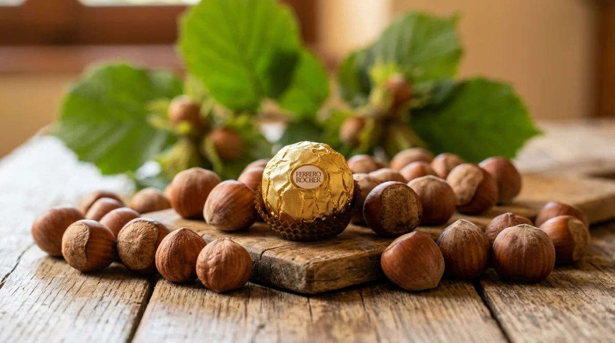 Chocolat Ferrero Rocher doré entouré de noisettes fraîches sur une table en bois rustique d'inspiration italienne.