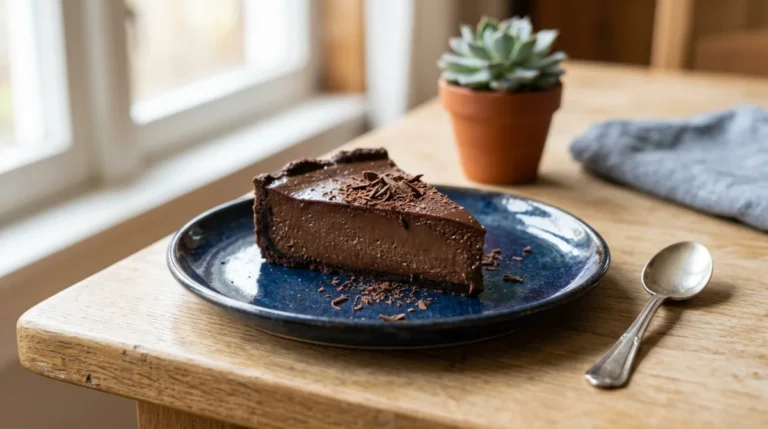 Part généreuse de flan au chocolat onctueux sans sucre pour diabétique sur une assiette bleue artisanale.
