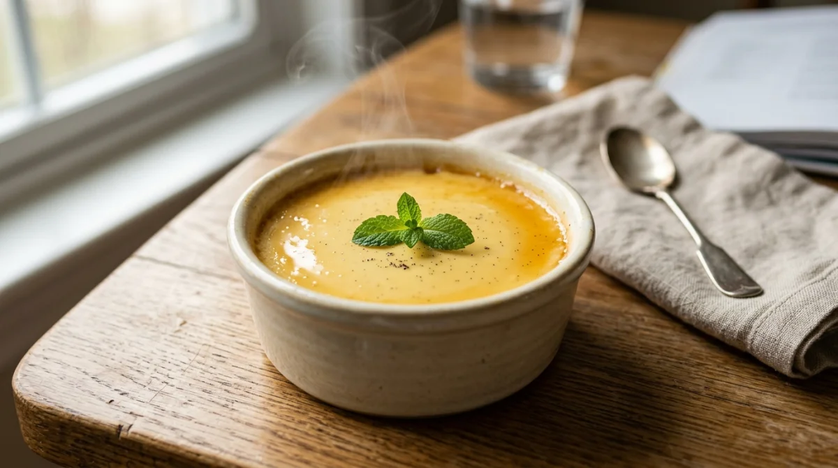 Flan sans sucre pour diabétique onctueux et doré servi dans un ramequin élégant sur une table en bois.