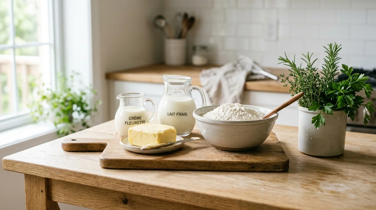 Ingrédients frais comme beurre, farine et crème sur une table en bois pour préparer une sauce blanche onctueuse.