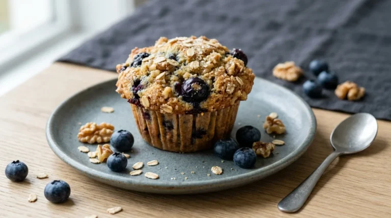 Muffin sans sucre aux myrtilles et aux noix, présenté sur une assiette en céramique avec des baies fraîches.