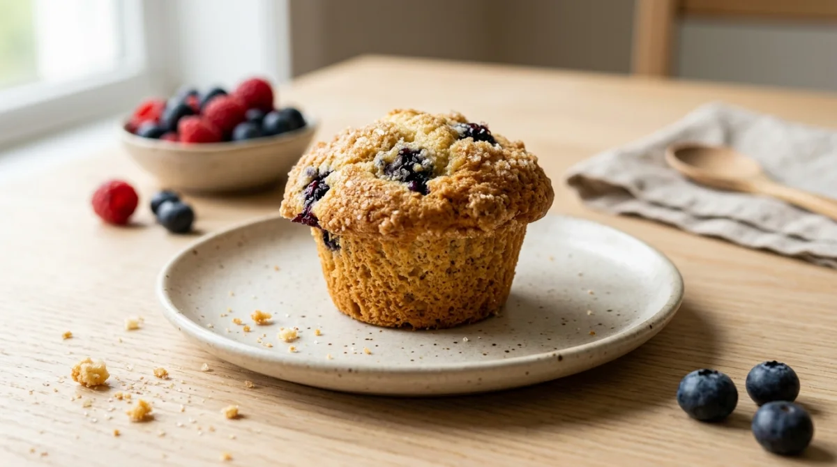 Muffin sans sucre moelleux et dor&eacute; sur une assiette minimaliste avec des baies fra&icirc;ches en arri&egrave;re-plan.