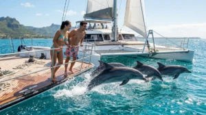 Couple observant des dauphins sautant dans l'eau turquoise lors d'une excursion en catamaran à l'île Maurice en août.