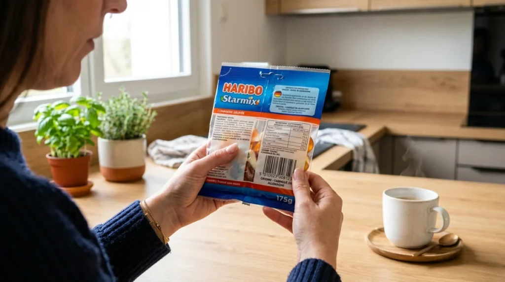 Une personne examine attentivement l'étiquette d'un paquet de bonbons Haribo pour vérifier son origine dans une cuisine lumineuse.