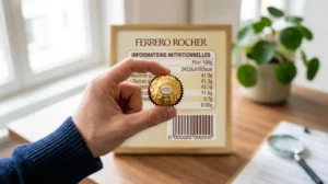 Main tenant un chocolat Ferrero Rocher doré sur un bureau pour vérifier ses origines italiennes.