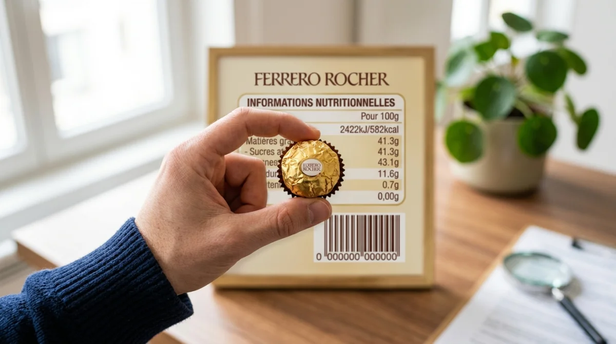 Main tenant un chocolat Ferrero Rocher doré sur un bureau pour vérifier ses origines italiennes.