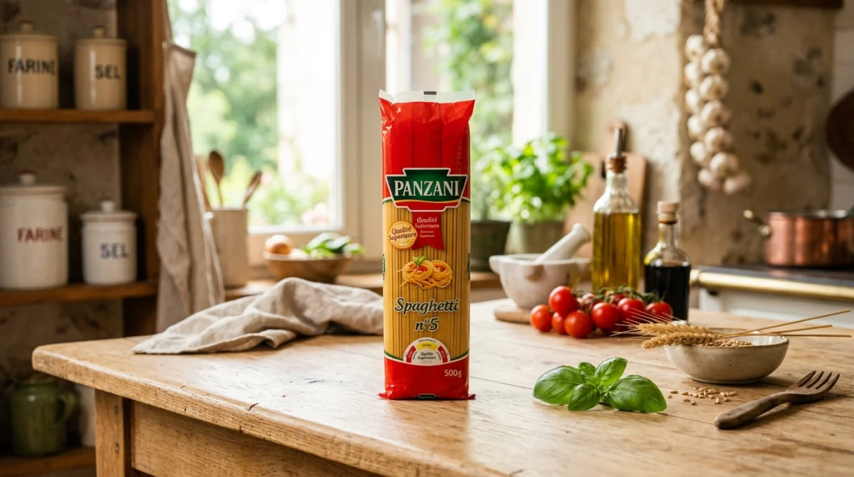 Paquet de p&acirc;tes Panzani pos&eacute; sur une table en bois avec du basilic pour illustrer la marque fran&ccedil;aise.