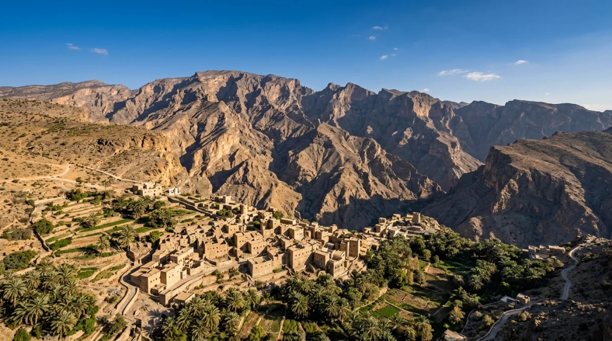 Paysage montagneux spectaculaire avec village traditionnel en pierre dans le Sultanat d'Oman, un pays en O.